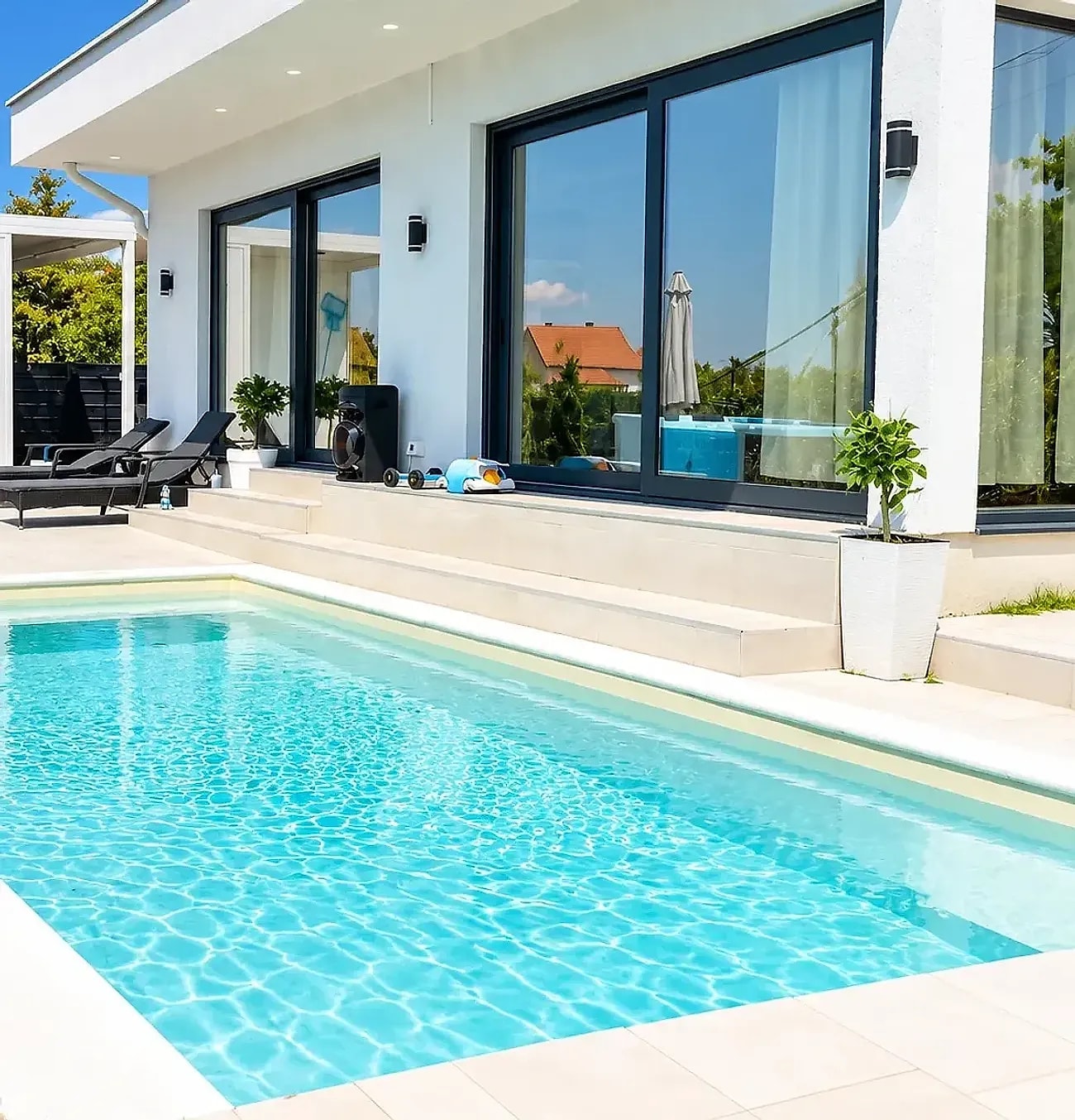 Privatni bazen vikendice Bali Dream sa jacuzzijem i ležaljkama uz terasu