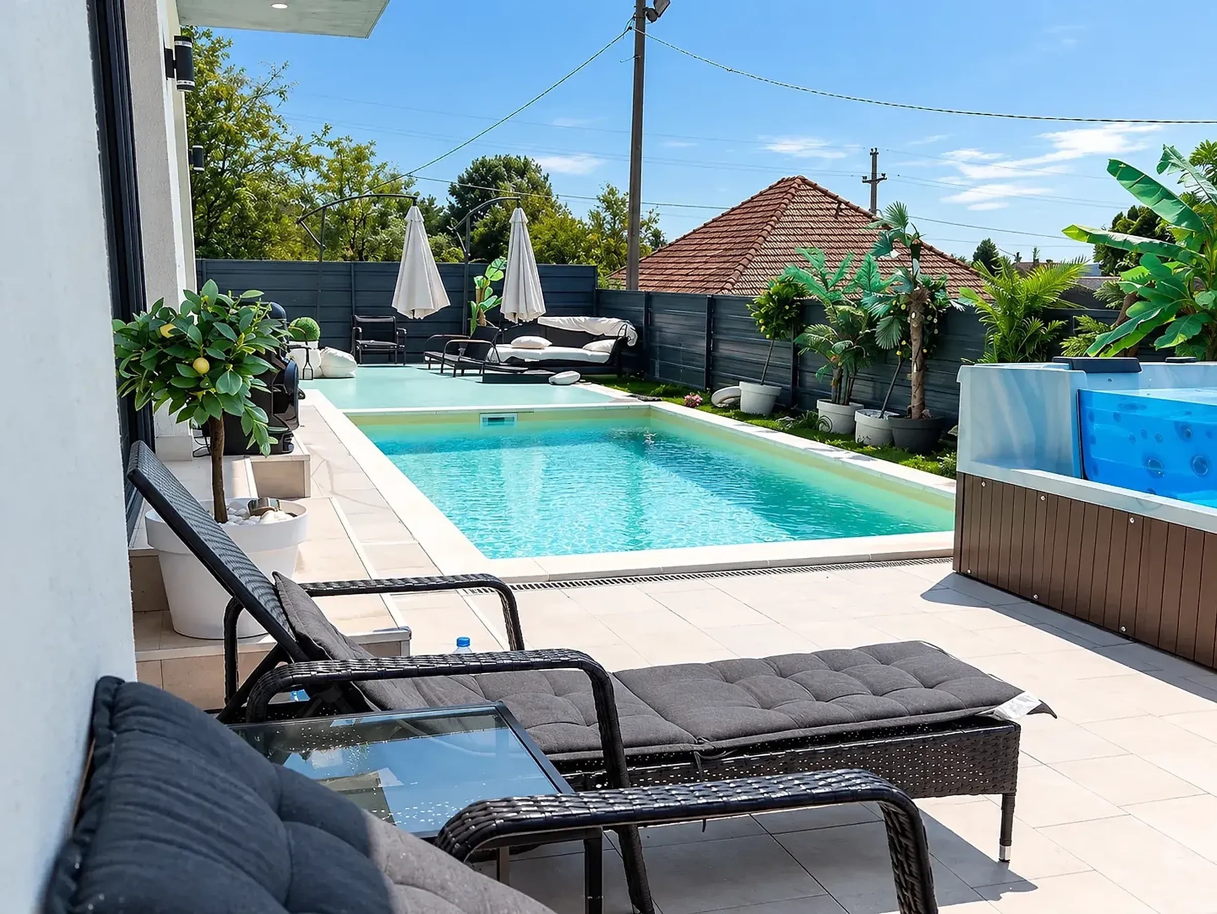 Ležaljke na terasi pored bazena vikendice Bali Dream, okružene palmama
